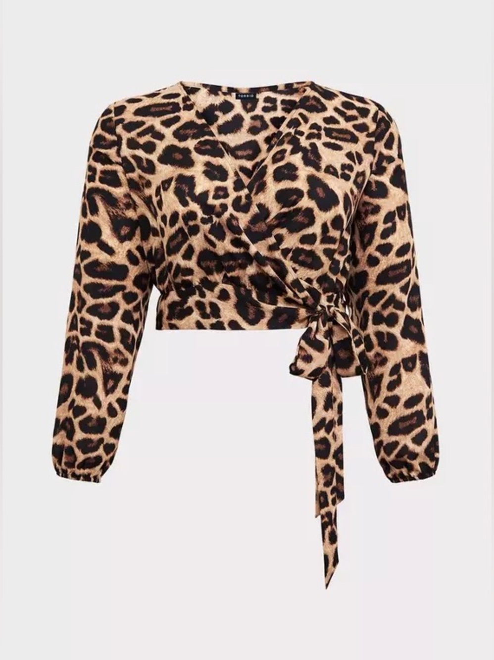 Torrid Leopard Print Wrap Blouse Bishop Sleeve Tie Waist, Size 1